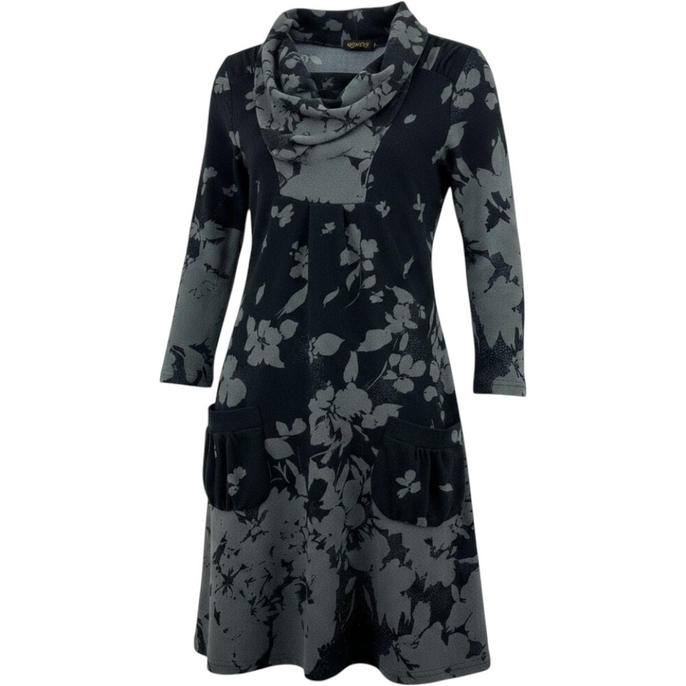 Reborn  Floral Print Cowl Neck Sweater Dress Black Gray Pockets Womens Size M